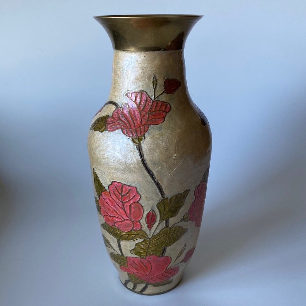 Vintage Enamelled Brass Vase: Hand Painted Roses, Made in India